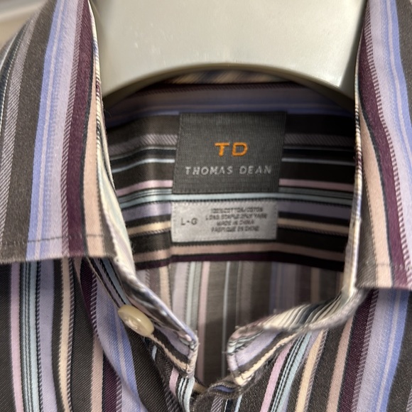 Thomas Dean button down.  EUC, large. Vertical stripes - purple and gray. - Picture 2 of 4